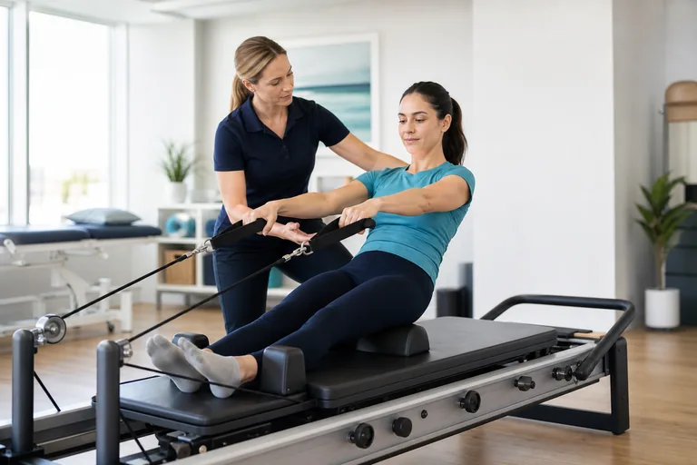 Fizyoterapist eşliğinde Reformer Pilates uygulaması Denizli